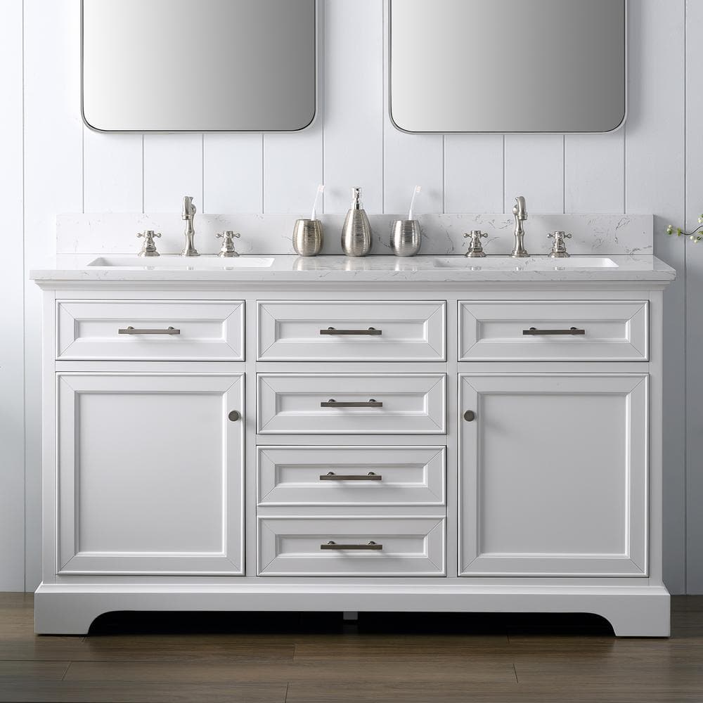 Thompson 60" White Solid Wood Single Bathroom Vanity with Engineered Stone Top