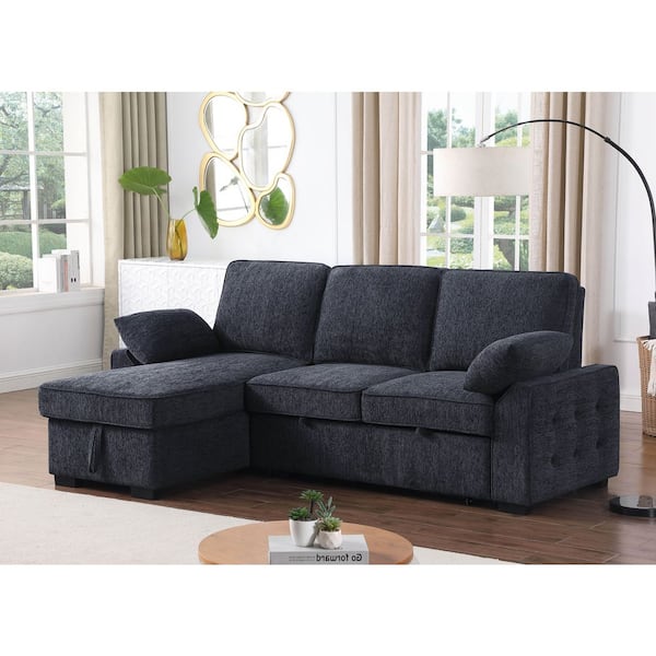 Van 91 in. Chenille L-Shaped Sectional Sofa in Gray with Storage Chaise, Drop-Down Table, Cup Holders, Charging Ports
