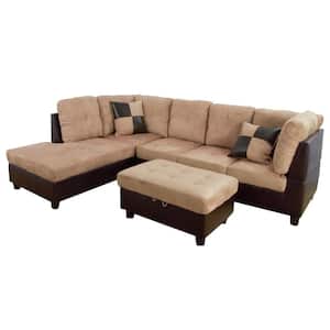 3-Seater Slope Arm 3-Piece Microfiber and Faux Leather L-Shaped Sectional Sofa in Light Brown with Ottoman