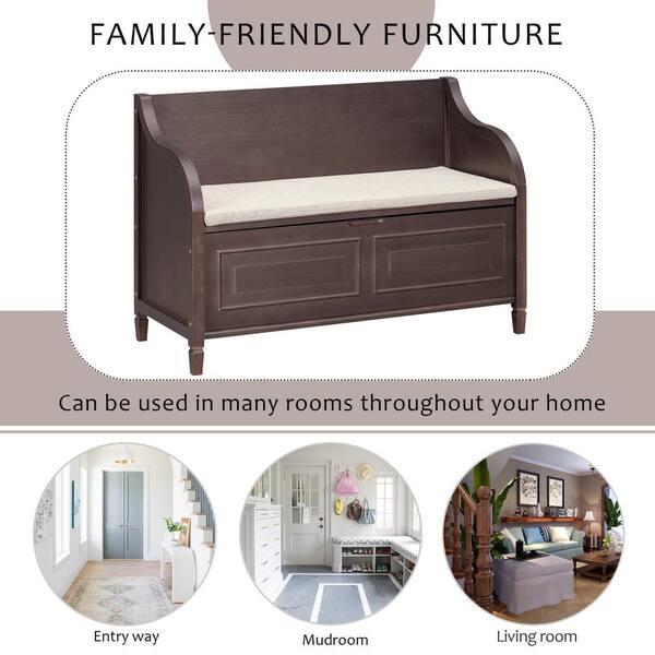 Euroco 42 Rustic Wooden Storage Bench With Cushion For Entryway