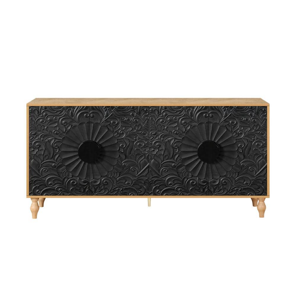 Black MDF 62.99 in. Vintage Carved Sideboards 4-Doors Large Storage Cabinet