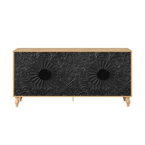 Black MDF 62.99 in. Vintage Carved Sideboards 4-Doors Large Storage Cabinet Farmhouse Buffet Cabinet Accent Cabinets