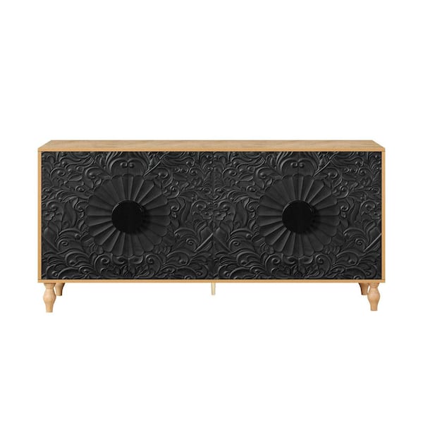 Black MDF 62.99 in. Vintage Carved 4-Doors Sideboards