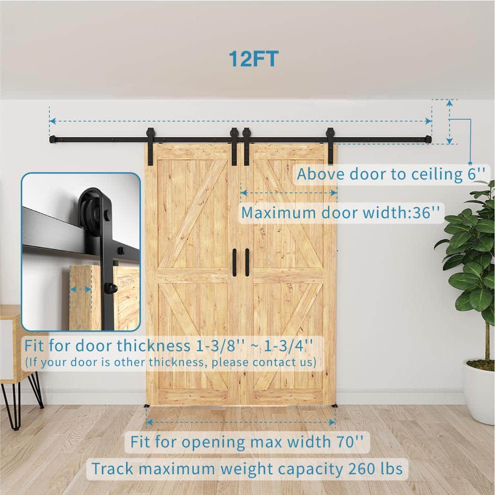144-in Matte Black Steel Double Barn Door Hardware Kit
