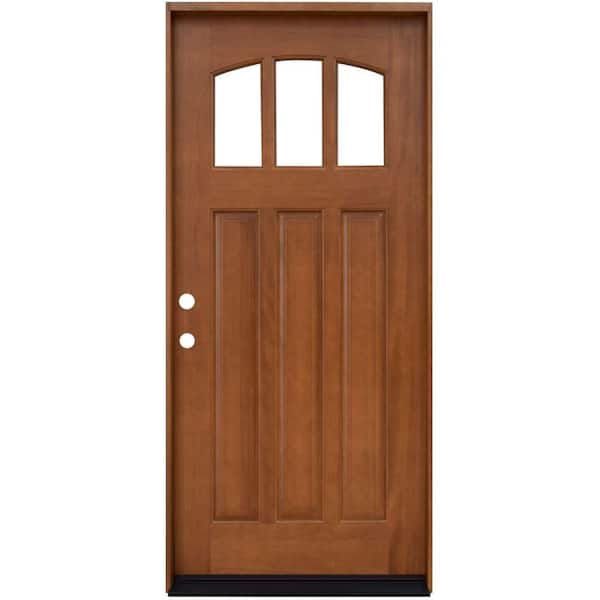 Steves & Sons 36 in. x 80 in. Craftsman 3 Lite Arch Stained Mahogany Wood Prehung Front Door