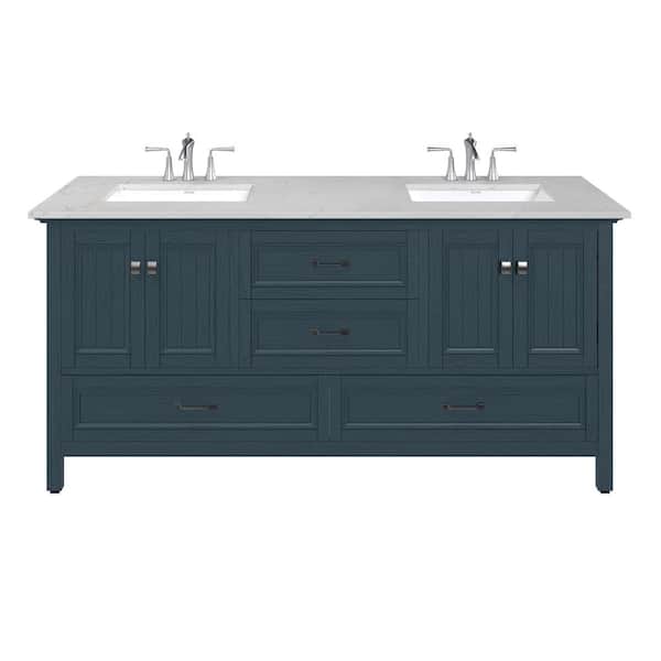Britney 72 in. Double Sink Ash Blue Bath Vanity with White Carrara Quartz Top (Assembled)