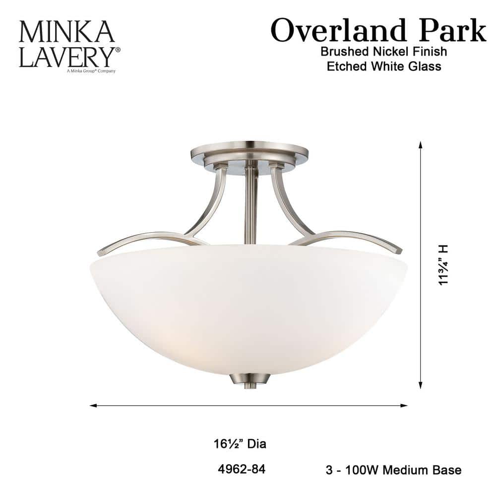 Overland Park Brushed Nickel 3-Light Semi-Flush Mount with Etched White Glass