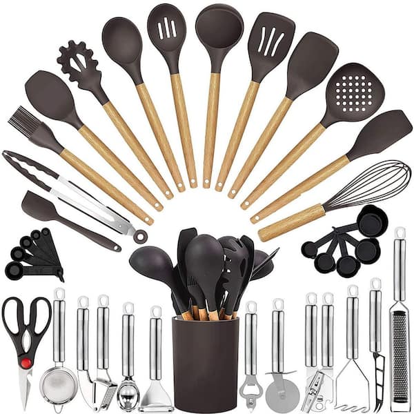 35-Piece Grey Heat Resistant Food Grade Silicone and Wooden Handles Cooking Utensils Set for Nonstick Cookware