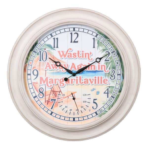 La Crosse Clock 26.2 in. Indoor/Outdoor Whitewashed Margaritaville Analog Quartz Wall Clock with Temperature