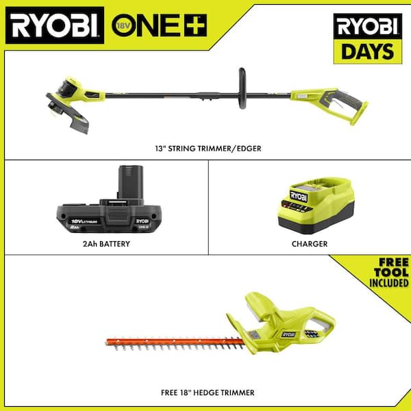 ONE+ 18V 13" Cordless Battery String Trimmer  with 2.0 Ah Battery, Charger, and FREE 18" Cordless Battery Hedge Trimmer