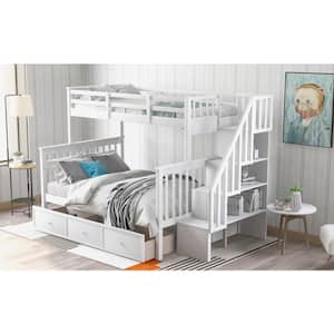 White Stairway Twin-Over-Full Bunk Bed with Drawer, Storage and Guard Rail for Bedroom, Dorm, for Adults
