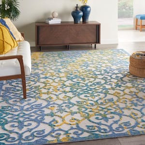 Aloha Ivory Blue 10 ft. x 13 ft. Floral Contemporary Indoor/Outdoor Patio Area Rug