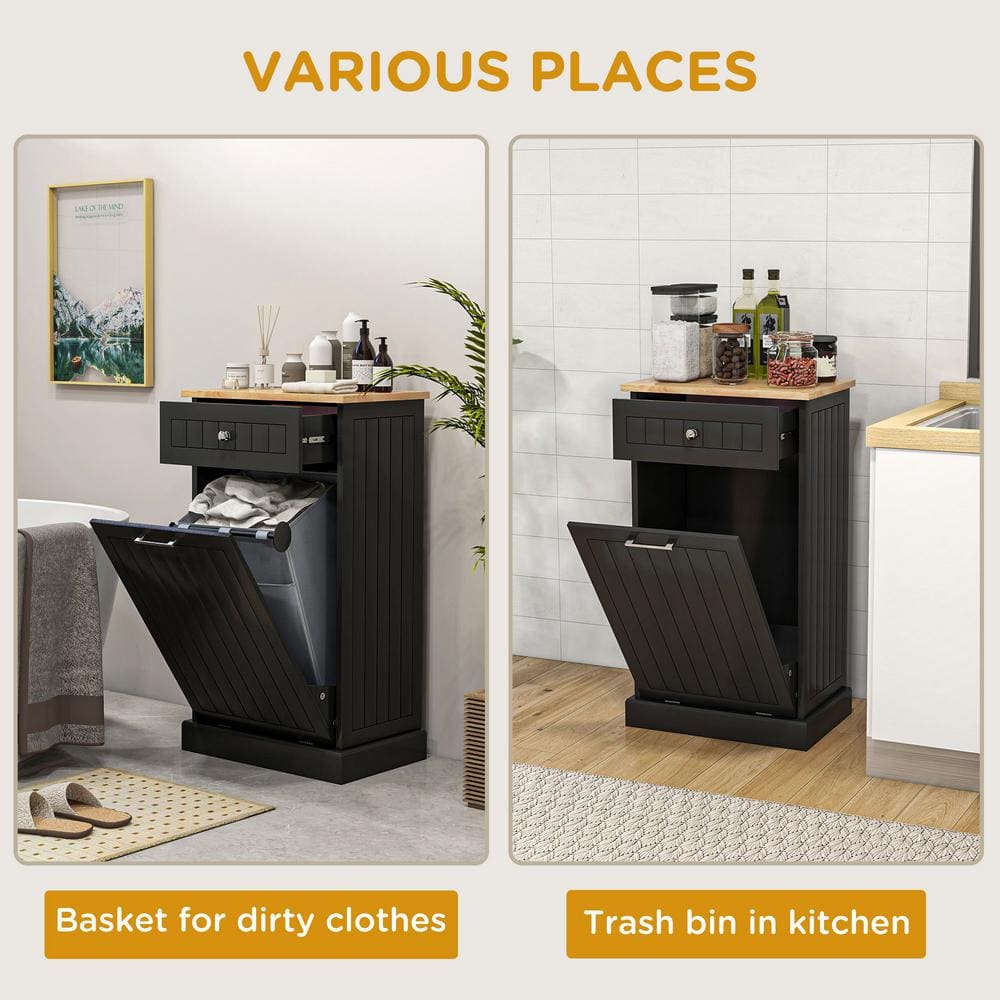 Black Wooden Kitchen Storage Cabinet with Light Wood Top
