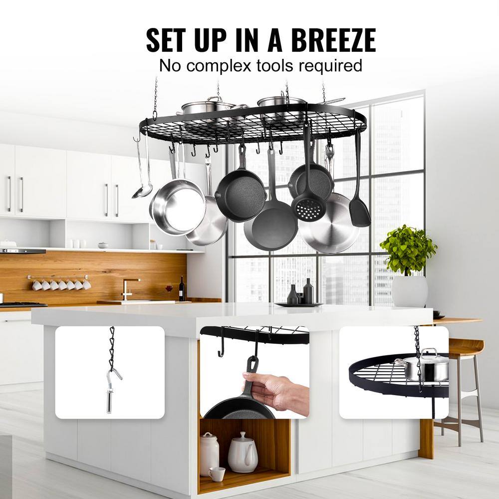 Black Carbon Steel 36-Inch Ceiling Mount Hanging Pot Rack with 20 S Hooks