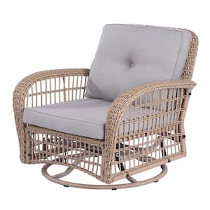 Naturalb PE Wicker Swivel Patio Rattan Outdoor Rocking Chair with Gray Cushion for Porch, Sunroom, Deck, Backyard