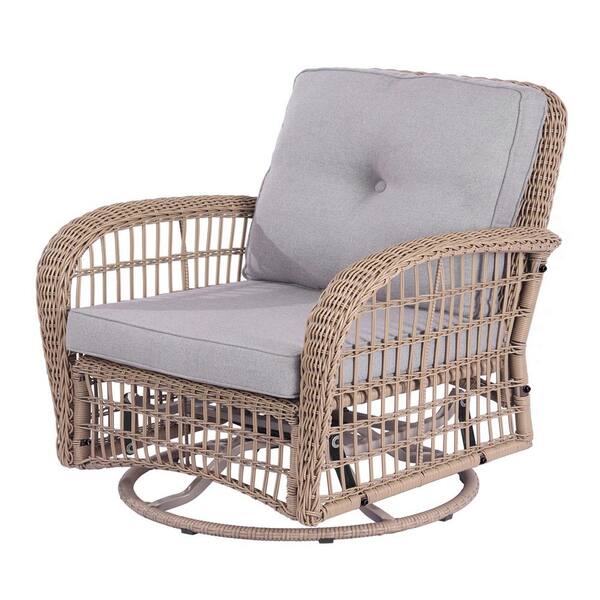 ITOPFOX Naturalb PE Wicker Swivel Patio Rattan Outdoor Rocking Chair with Gray Cushion for Porch, Sunroom, Deck, Backyard