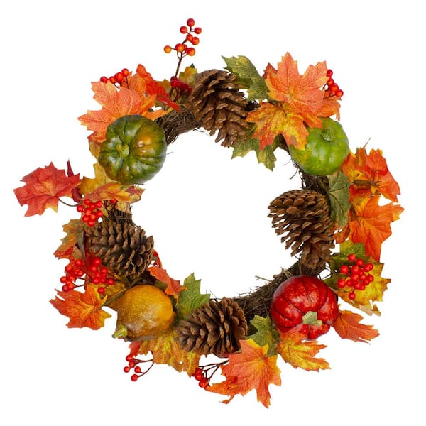20 in. Autumn Harvest Decorative Artificial Fall Leaves Pinecones Pumpkins and Berries Wreath - Unlit