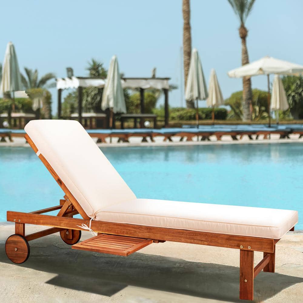 Seabrook 69" Acacia Wood Outdoor Lounger with Cream Cushion and Slide Table