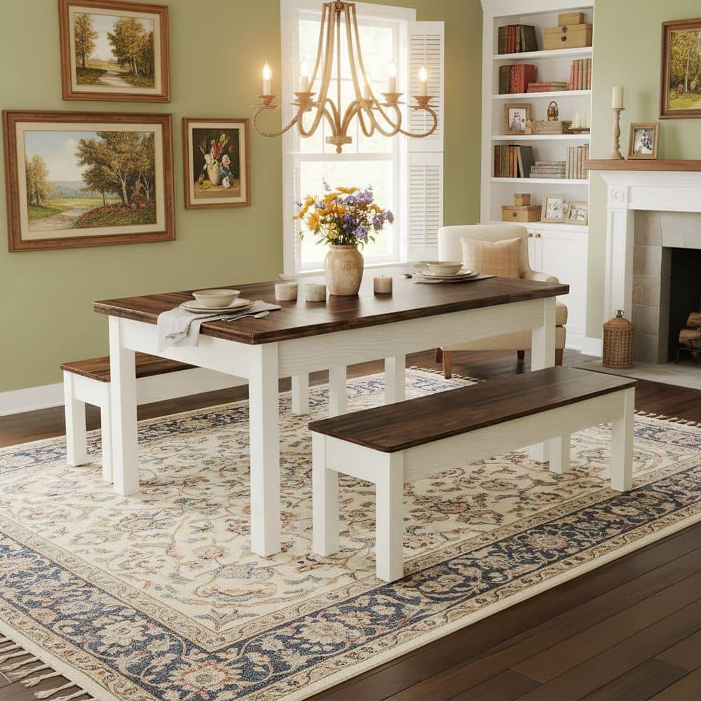 BYBLIGHT 3-Piece Rectangle White and Brown Wood Top Dining Room