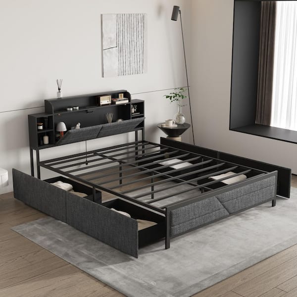 Black Metal Frame Queen Size Platform Bed with Storage Drawers, Power Outlets, Modern Panel Bed w/ Headboard, Bookshelf