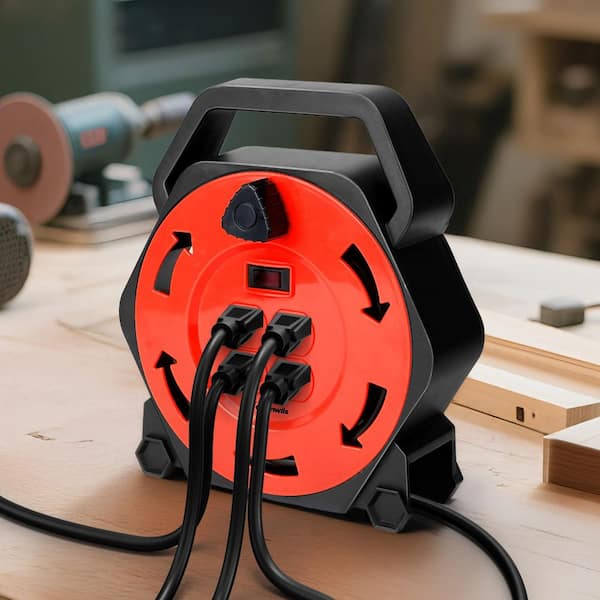 25 ft. 16 / 3 AWG SJTW 13 Amp Hand Wind Retractable Extension Cord Reel with 4 Grounded Outlets Black and Red, UL Listed