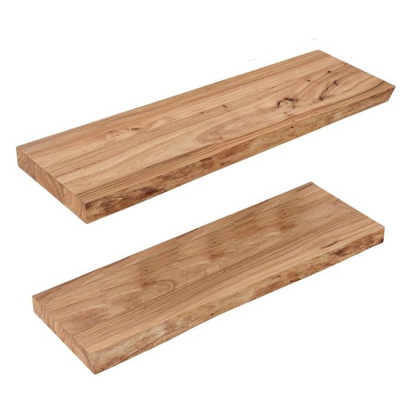 2 Pack 24 in. W x 8 in. D Natural Elm Wood Live Edge Floating Decorative Wall Shelf with Hidden Bracket for Wall Decor