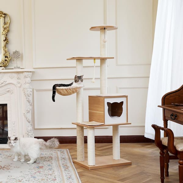 Foobrues Large Modern Wooden Cat Tree Multi-Level Cat Tower with