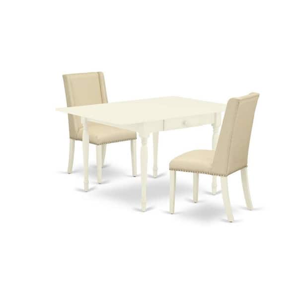 East West Furniture 3-Piece Linen White Finish Rectangular Solid Wood Top with Dropleaf Dining Table Set