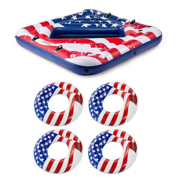 Intex American Flag 2 Person Float & 4 Pack Swimline American Flag Tube Float