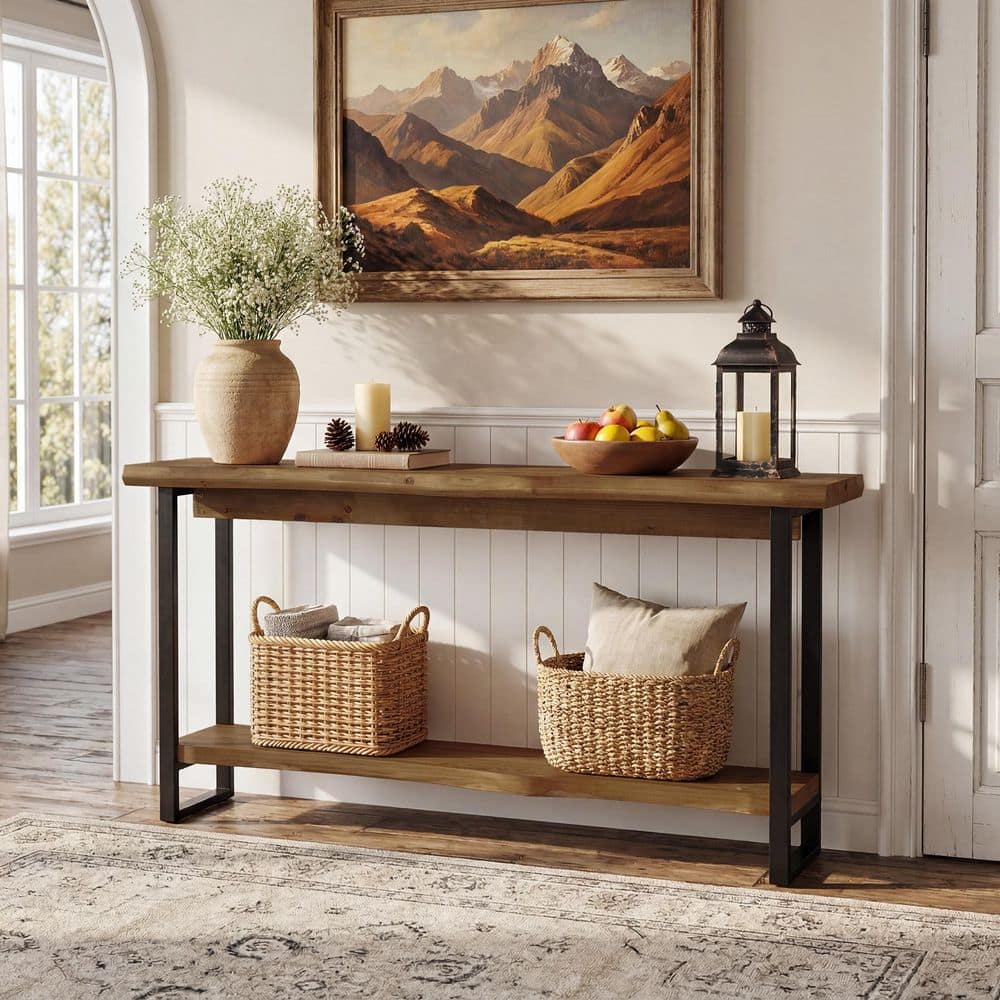 BYBLIGHT Turrella 63 in. Dark Brown Rectangle Solid Wood Console Table ...
