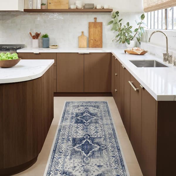 Machine Washable Rug with Standard Pad-Kira Delft Blue 2x7