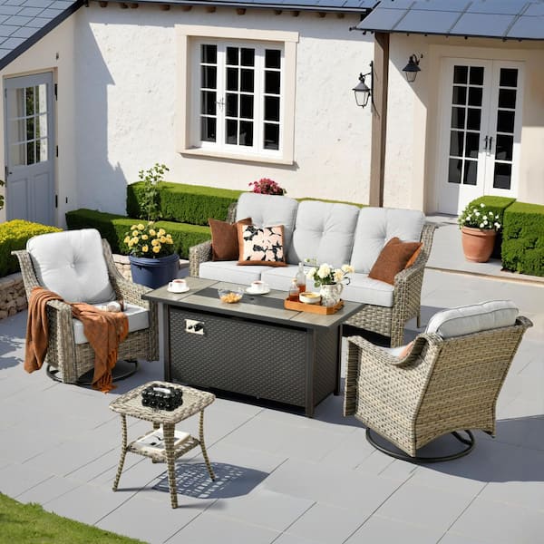 Toject Eureka 5-Piece Wicker Patio Conversation Sofa Seating Set with Metal Fire Pit Table and Light Gray Cushions