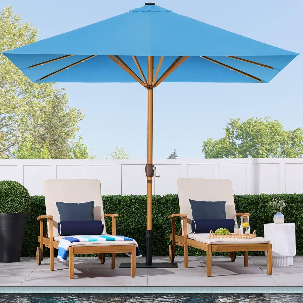 9ft Sky Blue Solar LED Lighted Patio Umbrella with Faux Wood Texture