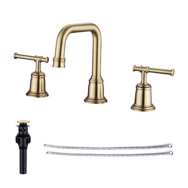 RAINLEX 8 in. Widespread Double Handle Bathroom Faucet with Drain Assembly in Brushed Gold