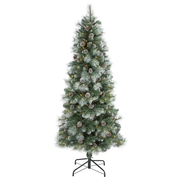 Nearly Natural 6 ft. Pre-Lit Frosted Tip British Columbia Mountain Pine Artificial Christmas Tree with 250 Clear Lights, Pine Cones