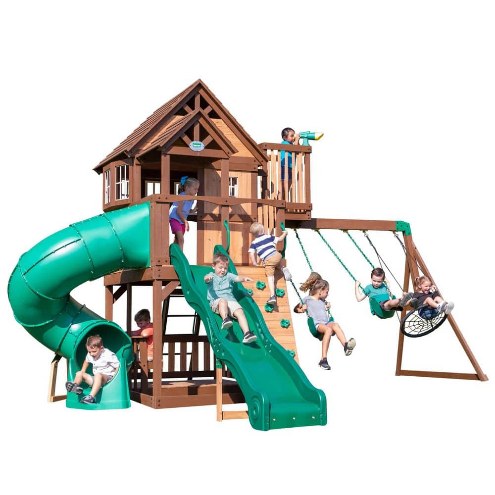Cedar Two-Tone Wooden Swing Set with Tube Slide