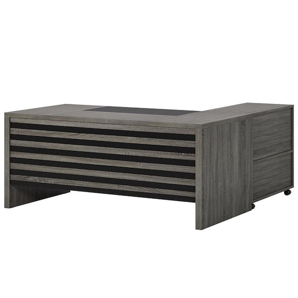 Halseey 62.2 in. x 31 in. Executive L-Shaped Gray Black Wood Drawer Computer Desk Set Mobile File Cabinet Workstation