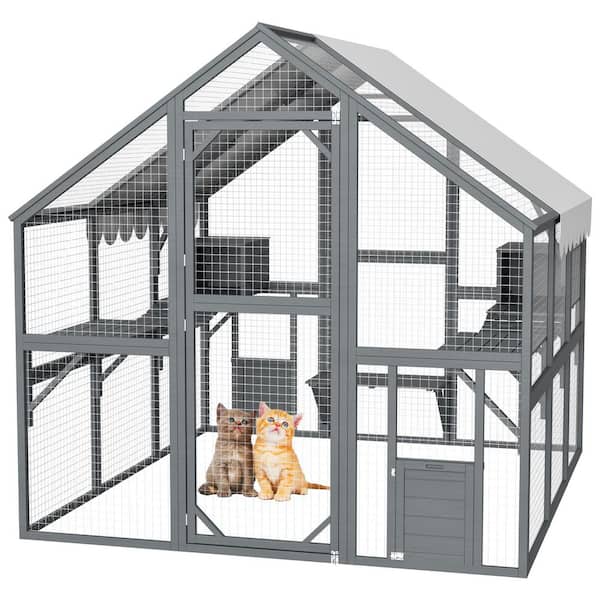 Outdoor Cat House, Large Catio Enclosure, Walk-in Wooden Cat Run Includes Playpens. Grey