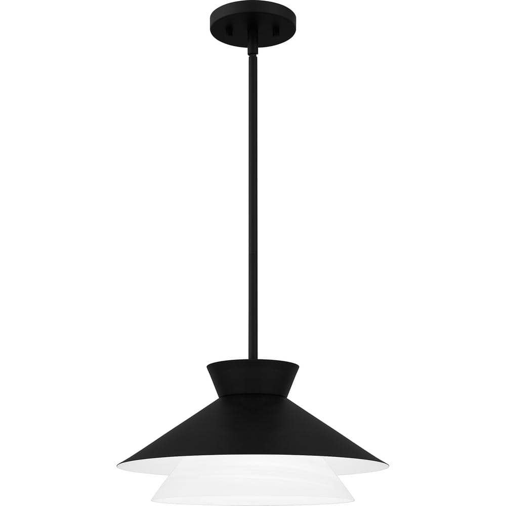 Lionel Matte Black Drum Pendant Light with Alabaster Glass Shade