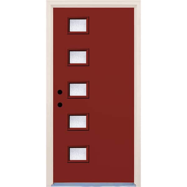 Builders Choice 36 in. x 80 in. Right-Hand Cordovan 5 Lite Rain Glass Painted Fiberglass Prehung Front Door with Brickmould
