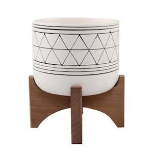Mid-Century 5 in. White/Black Line Ceramic Geometric Pot with Wood Stand Planter