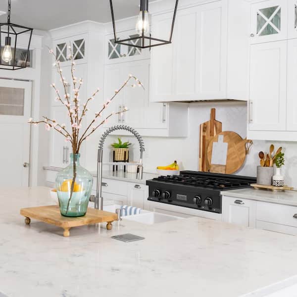 30 in. 4 Burner Front Control Gas Cooktop with Brass Burners in Black Stainless Steel