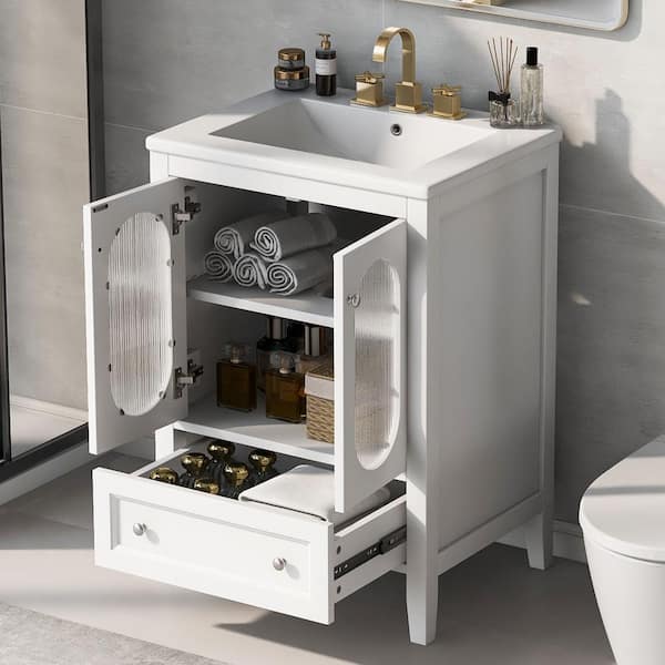 24 in. W x 18.3 in. D x 33.9 in. H Single Sink Freestanding Bath Vanity in White with White Ceramic Top and Storage