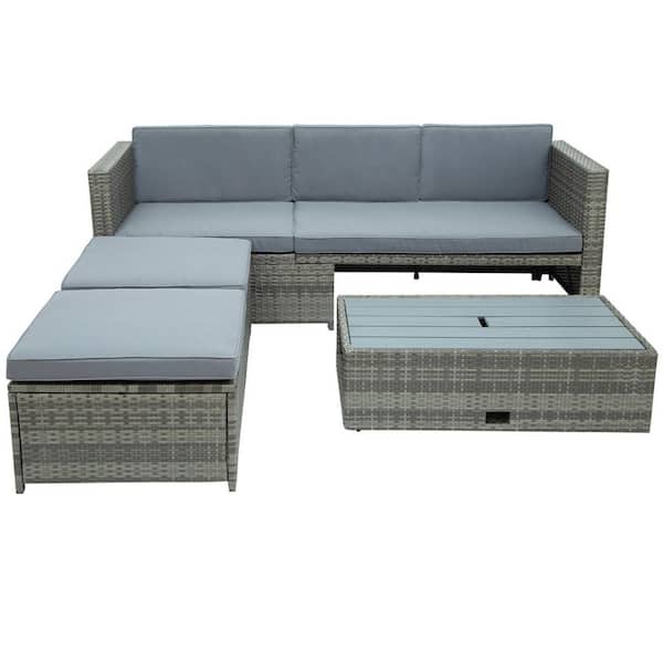 maocao hoom Gray 4-Piece Wicker Rattan Outdoor Patio Sectional Furniture Set with Retractable Table and Gray Cushions