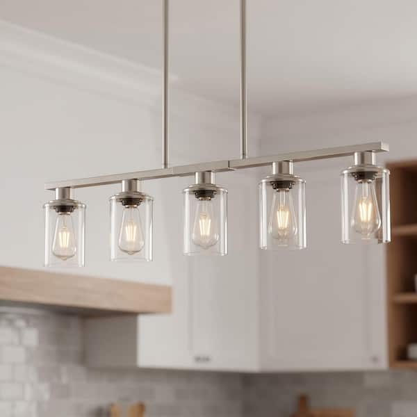 5 Light Brushed Nickel Chandelier with Clear Glass Shade for Dining Room, Living Room with no bulbs included