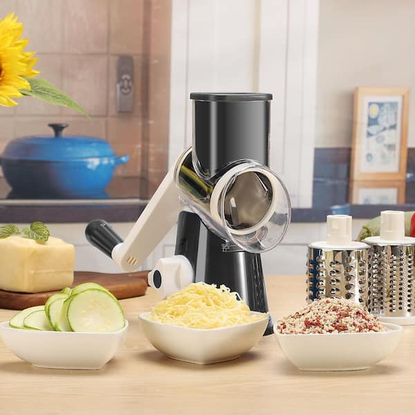 Rotary Hand Crank Cheese Grater and Shredder with Non-slip Suction Base, 3 Blades and Free Cleaning Brush, Black