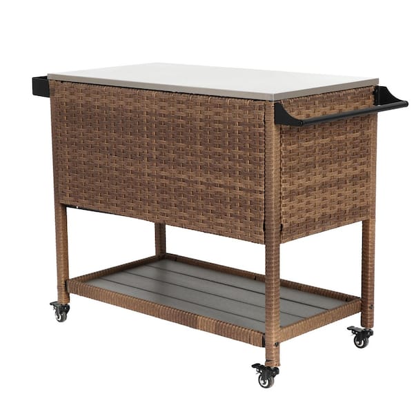 47 in. W Brown Wicker Outdoor Grill Cart with Stainless Steel Top, Wine Glass Rack, Bottle Opener and Wheels