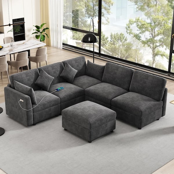 86.6 in. Square Arm Chenille U-Shaped Sofa in Black with A Movable Ottoman and 2 USB Ports