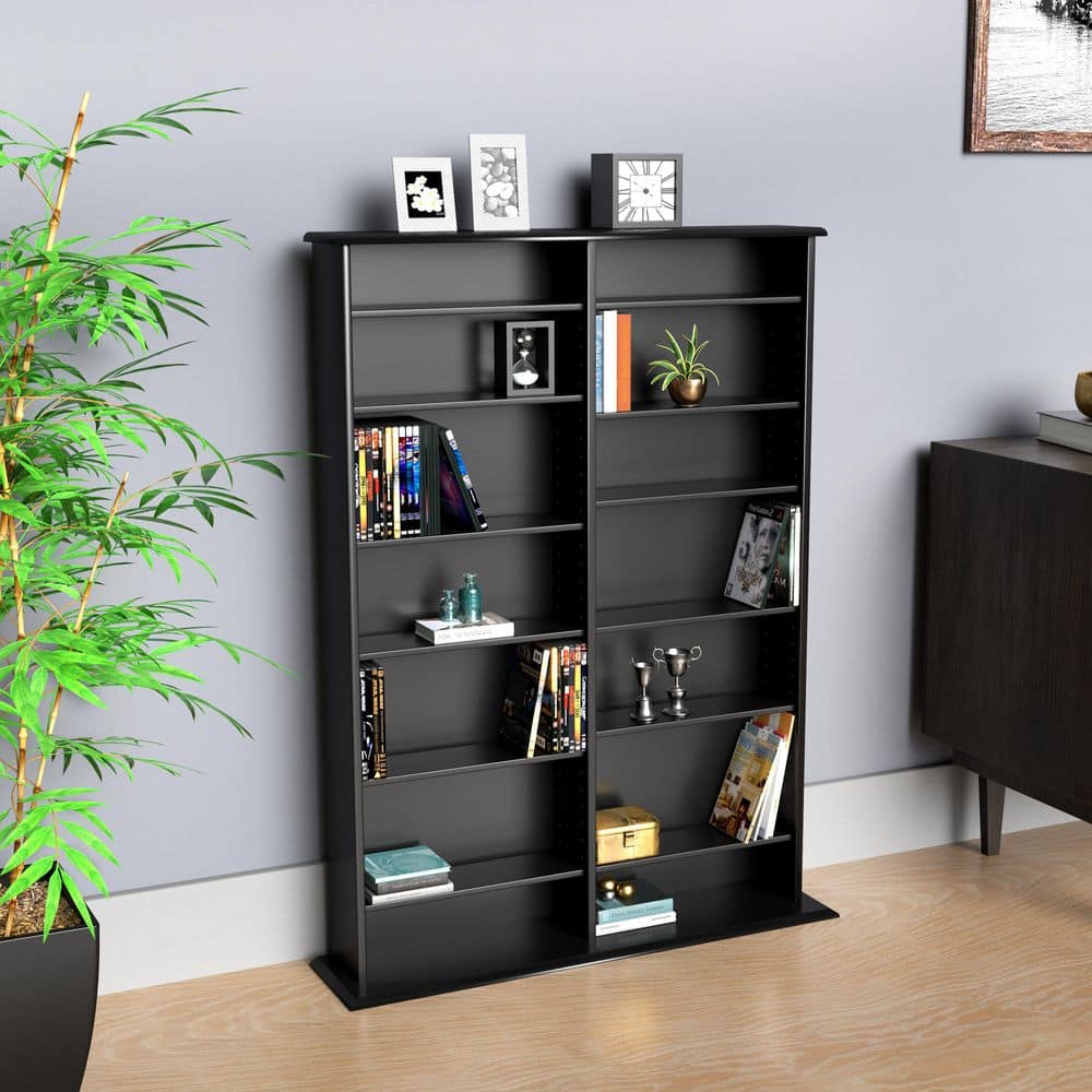 Deep Black Double Width Media Storage Unit with Adjustable Shelves