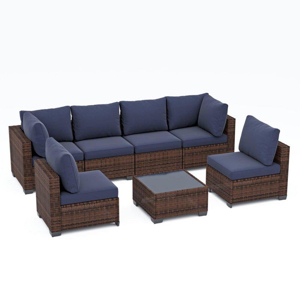 JUSKYS Brown Wicker 7-Piece Outdoor Patio Sectional Sofa,All
